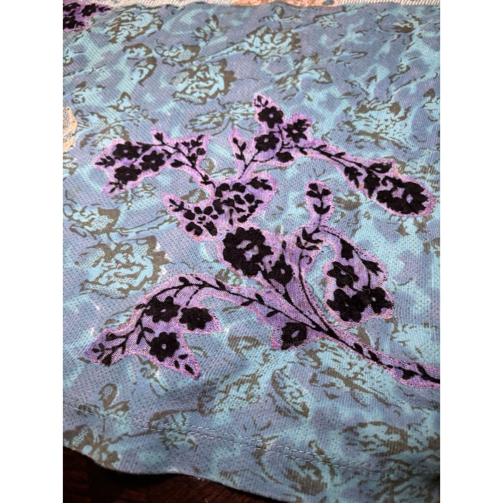 Vintage Grunge Y2K Textured Patchwork Lace Print 3/4 Sleeve Top Teal Tan M - Picture 11 of 12